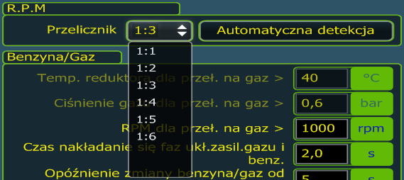 W tym celu w ramce R.P.M konieczny jest: - wybór odpowiedniej wartości Przelicznika (rys.) z listy w programie Vela (: / : / : /:4 / :5 / :6) lub - użycie funkcji Automatyczna detekcja (rys.). Sterownik Vela Freestyle sygnał prędkości obrotowej R.