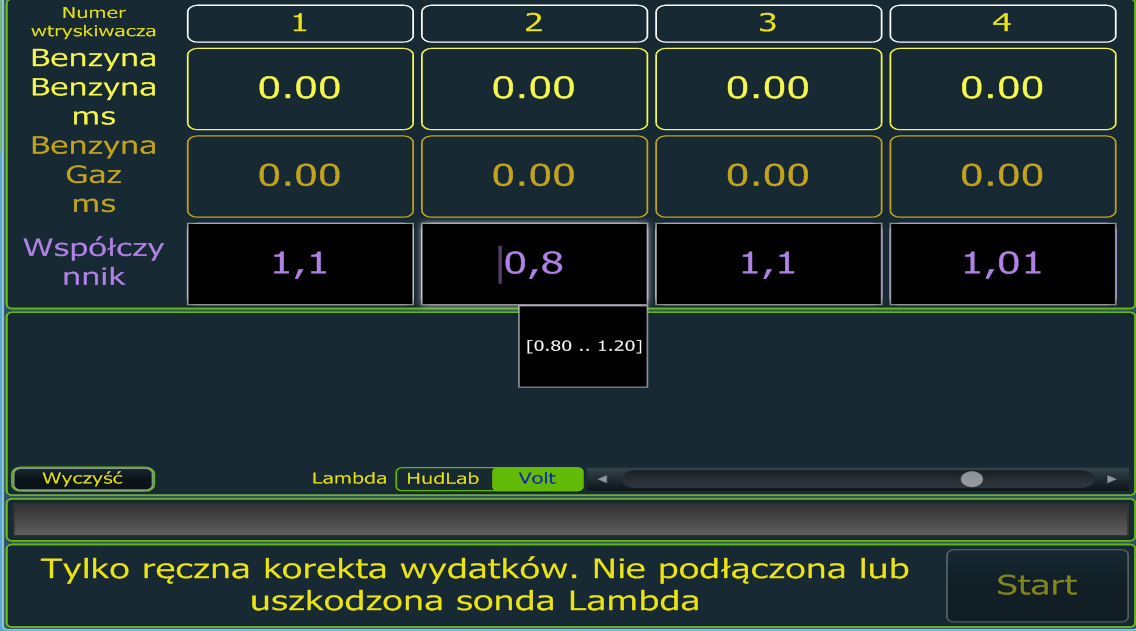 4.. Podstrona Korekta wydatk. Podstrona Korekta wydatk. (rys. 7) umożliwia skorygowanie wydatków wtryskiwaczy gazowych na poszczególnych cylindrach.