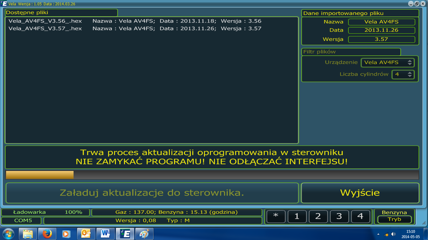 4.7 Strona Reprogramowanie ECU Strona Reprogramowanie ECU wykorzystywana jest w przypadku, gdy dla sterownika systemu Vela dostępna jest nowsza wersja oprogramowania (Firmware).