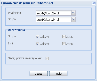 8. UPRAWNIENIA DO KATALOGÓW I PLIKÓW Do każdego pliku i katalogu można przypisać uprawnienia dla użytkowników, pozwalające na kontrolę dostępu do zasobów zgromadzonych na koncie.