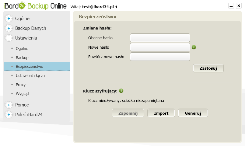 11. SZYFROWANIE DANYCH ibard24 Backup Online daje możliwość szyfrowania wybranych danych za pomocą algorytmu szyfrującego AES-256 bit.