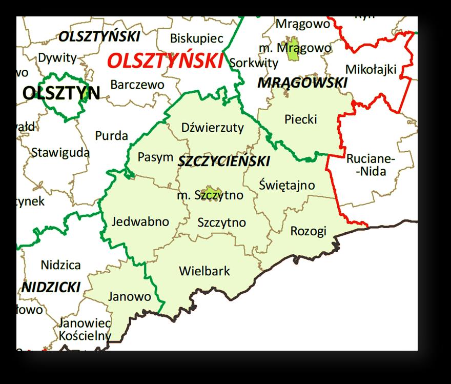 Rysunek 2 Położenie analizowanych gmin Źródło: Powiat Szczycieński W poniższej tabeli krótko scharakteryzowano powiaty i gminy, które uwzględnia Plan Gospodarki Niskoemisyjnej.