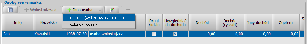 Po wyborze przycisku Rejestruj jako nową osobę albo Wybierz osobę wskazaną na liście, wskazany wnioskodawca pojawi się na oknie wniosku, na liście składu rodziny.