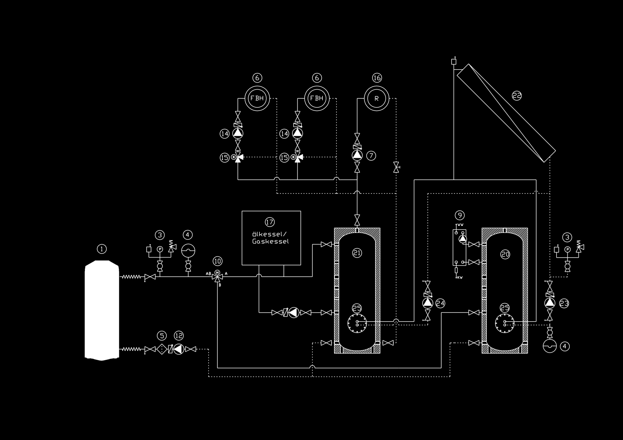 Pompa ciepła + dodatkowe źródło ciepła + ogrzewanie mieszane + bufor + CWU + instalacja solarna 6. System ogrzewania podłogowego 7. Pompa instalacji grzejnikowej 12. Pompa systemu C. O. 14.