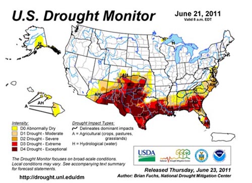 Monitoring suszy w USA. Źródło: http://www.drought.unl.edu/dm/monitor.html Okres od października 2010 do maja 2011 był w Teksasie najsuchszym w historii obserwacji.