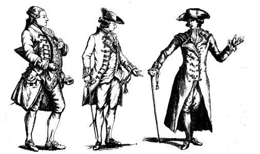 Moda męska Mężczyźni wcale nie byli gorsi od pań w pogoni za modą. Strój modnego mężczyzny składał się na początku XVIII w. z szustokoru, długiej kamizelki i obcisłych spodni do kolan.