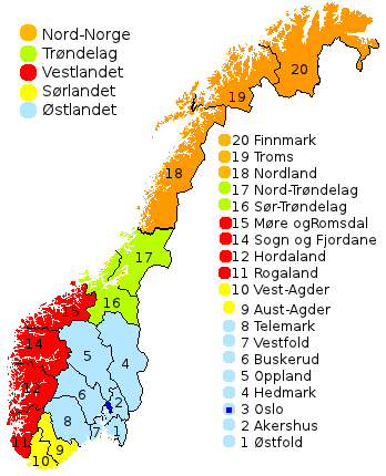 Każdy z regionów podzielony jest na okręgi (fylker). W Norwegii jest ich 19. W jakim okręgu mieszkasz? Czy widzisz, jakiej liczby brakuje w wykazie okręgów?