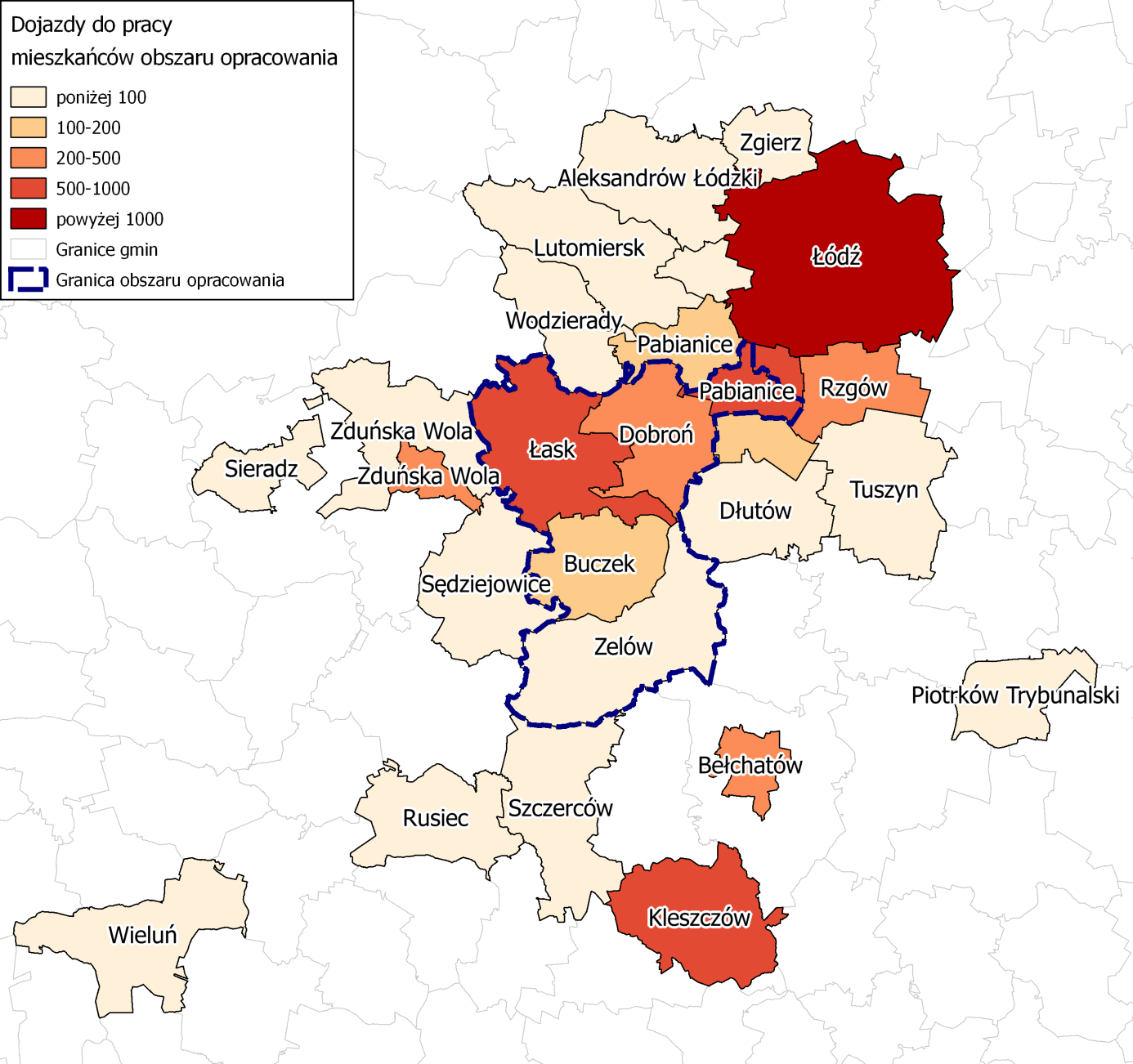 Mapa 8. Dojazdy mieszkańców gmin: Łask, Buczek, Dobroń, Zelów i miasta Pabianice do pracy poza gminę zamieszkania Źródło: opracowanie własne na podstawie dokumentu "Dojazdy do pracy.