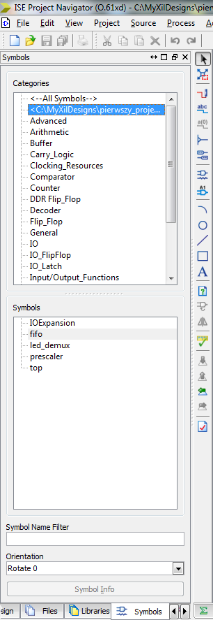 Proszę przejść do okna/zakładki Symbols, wybrać lokalizację projektu na dysku i zaznaczyć element fifo.