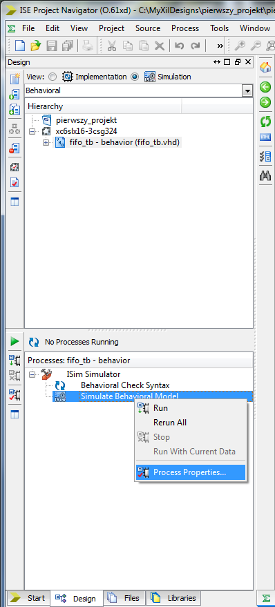 . Symulacja w ISim Program symulacyjny ISim jest wbudowany w środowisko ISE Design Suite. Aby móc przeprowadzić symulację, należy wpierw poprawnie go skonfigurować.