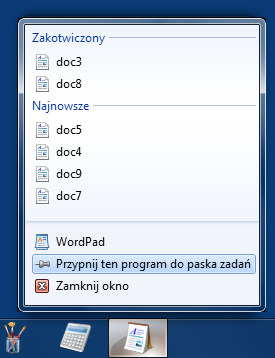 Przypinanie programu do paska zadań Można przypiąć program bezpośrednio do paska zadań, tak aby można było szybko i wygodnie go otwierać, bez konieczności wyszukiwania go w menu Start.