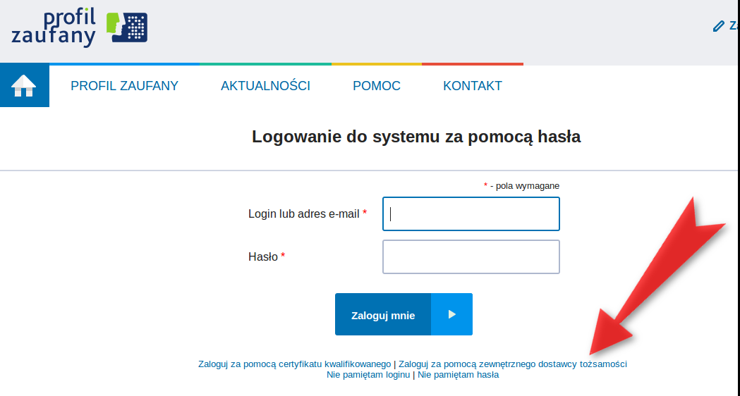 Krok 16: Otwiera się nowe okno przeglądarki, a w nim strona logowania do Profilu Zaufanego.