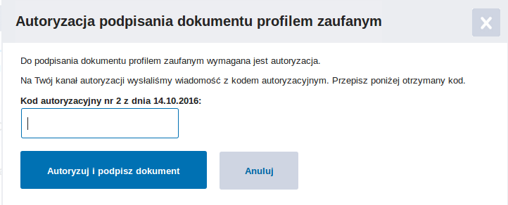 Krok 18: Wyświetli się okienko z prośbą o kod autoryzacyjny.