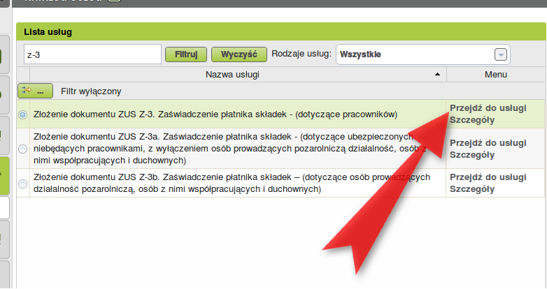 Krok 8: Naszym oczom ukazuje się wyszukiwarka usług. Wpisujemy do niej z-3 i wciskamy ENTER.