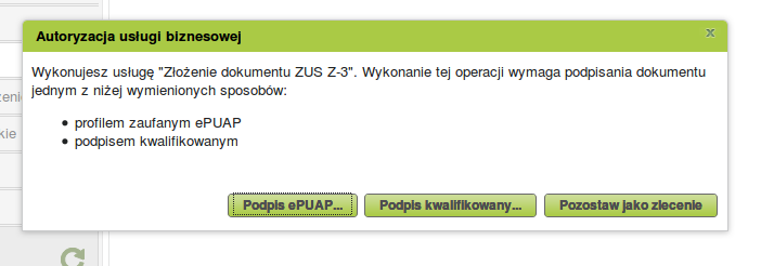 Krok 14: System spyta o metodę podpisu. Jeśli chcemy podpisać Profilem Zaufanym to klikamy przycisk Podpis epuap.