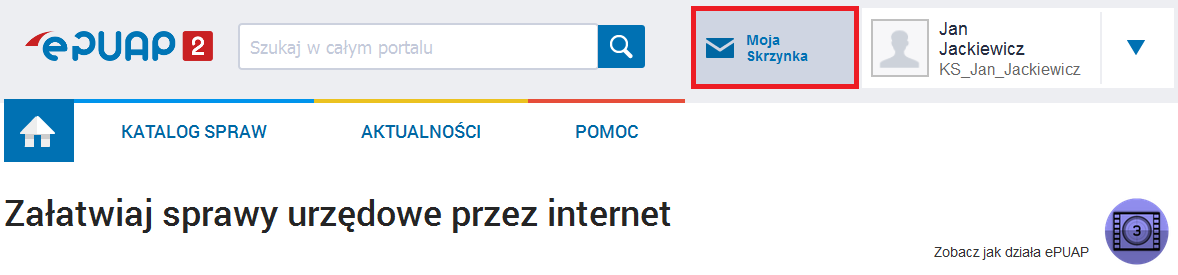 Powiązany z kontem użytkownika profil firmy został utworzony. Aby rozpocząć korzystanie z profilu firmowego należy wcisnąć przycisk Używaj epuap jako ###.