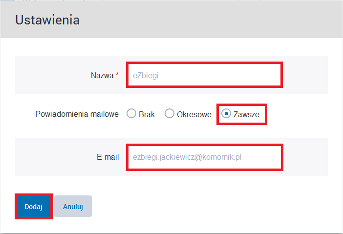 RYSUNEK 12. REJESTRACJA NOWEJ SKRZYNKI Utworzenie nowej skrzynki epuap spowoduje wyświetlenie listy rozwijalnej zawierającej nazwy skrzynek domyślnej i utworzonej.