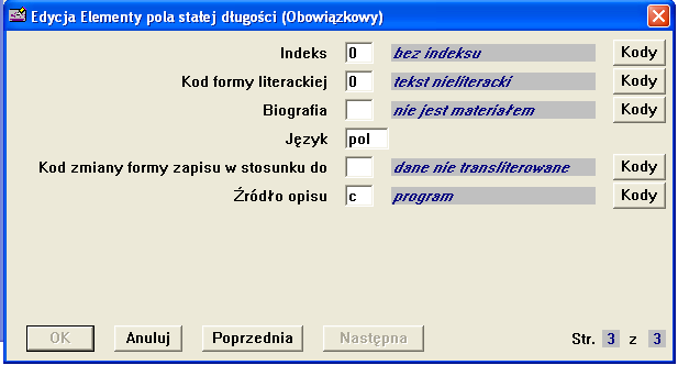 Materiały konferencyjne jeśli książka zawiera materiały z konferencji kod 1, jeśli nie 0 Księga pamiątkowa, jubileuszowa jeśli książka jest publikacją jubileuszową kod 1, jeśli nie 0 Indeks kod 0 lub