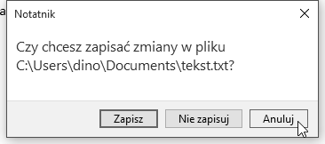 Modyfikacja otwartego dokumentu i zapisywanie zmian 1. Dokonaj dowolnej zmiany w naszym tekście (coś dopisz lub skasuj). 2. Wydaj polecenie Plik Zapisz.