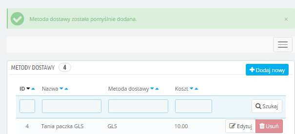 Zobaczymy widok dodawania nowej metody do naszego sklepu. Zapisz po uzupełnieniu pól.
