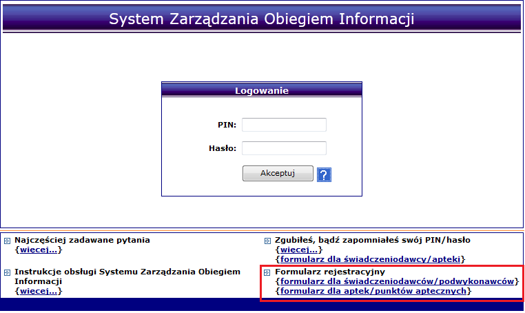 Rys. 2.1 Logowanie do systemu Podczas procesu rejestracji, operator apteki musi w kolejnych etapach uzupełnić następujące informacje: 1. Dane podstawowe (nazwa, NIP, REGON, rodzaj podmiotu itd.) 2.