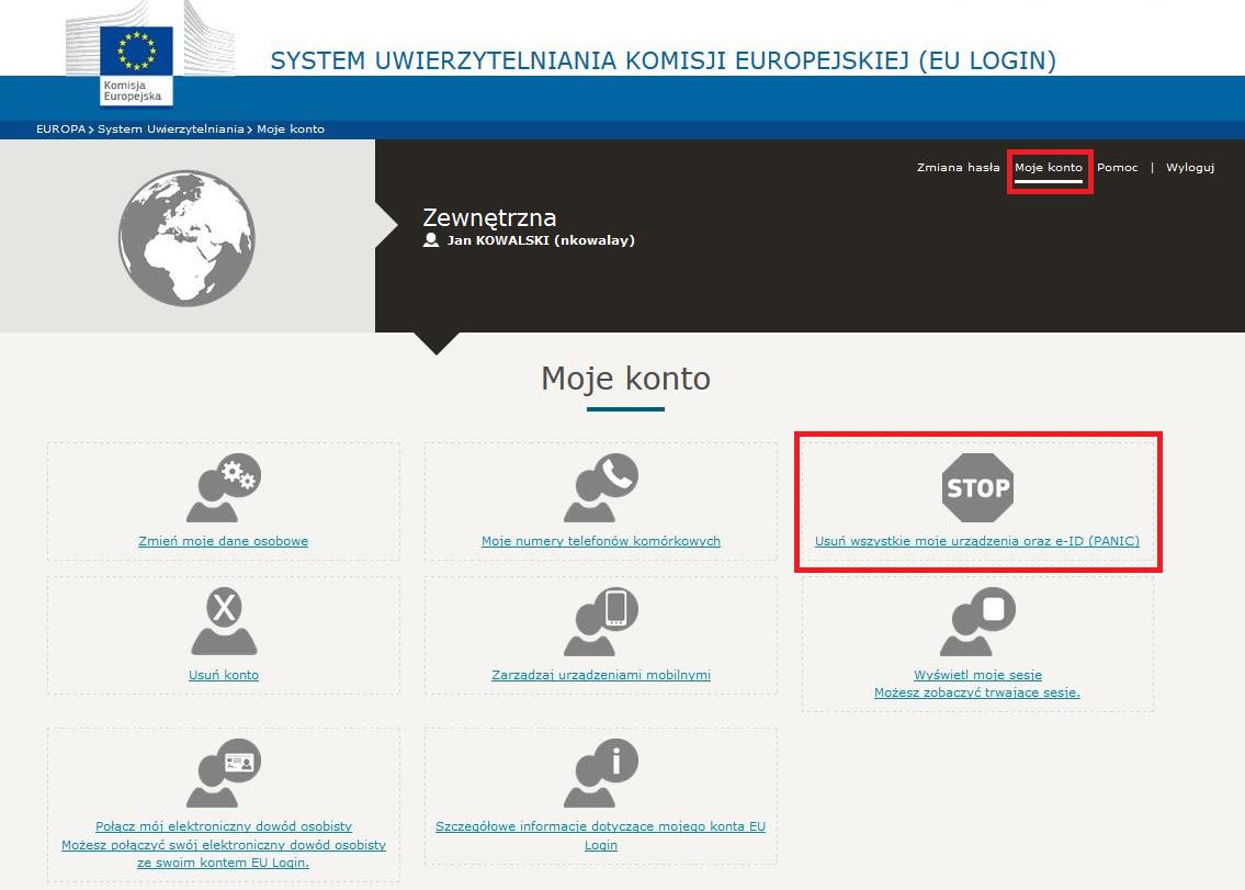 3.4 Samodzielne zablokowanie konta w systemie EU Login (Przycisk STOP ) S t r o n a 23 Użytkownik ma możliwość samodzielnego zablokowania dostępu do systemu EU Login.