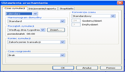 Modelowanie, symulacja i przeprowadzenie eksperymentu współbieżnego rozwoju wyrobu 145 W zakładce Ustawiania uruchamiania opcji Czas symulacji ustalono, że symulacja będzie realizowana według