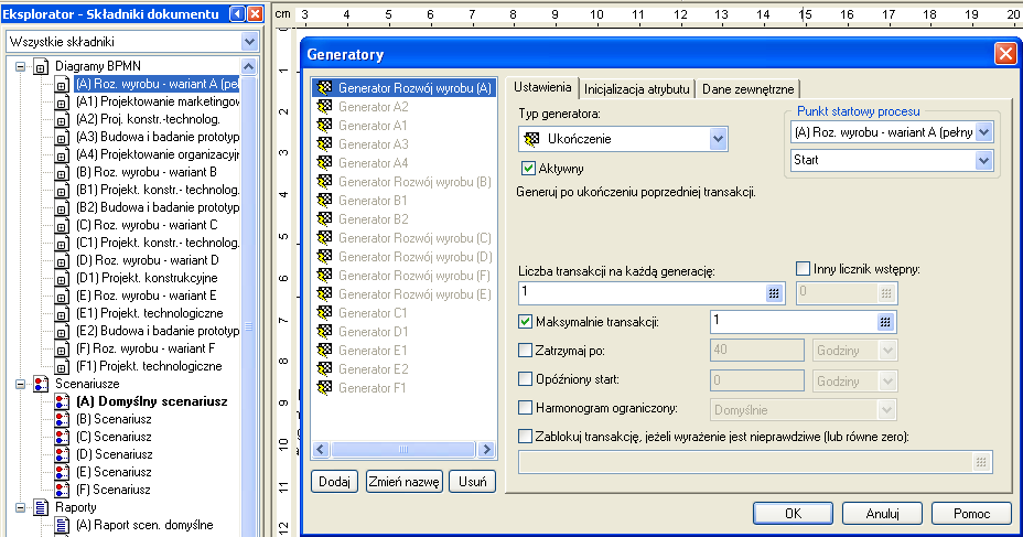 Zintegrowany model rozwoju wyrobu w fazie PP dla realizacji wariantów jego rozwoju 84 Ustawienie generatorów W zakładce generatory jest możliwość ustawienia, który generator będzie aktywny, a co za