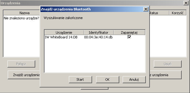 .. informuje nas o poszukiwaniu urządzeń w zasięgu pracy kontrolera. Komunikat Wyszukiwanie anulowane informuje nas o zaniechaniu automatycznego poszukiwania urządzeń przez kontroler.