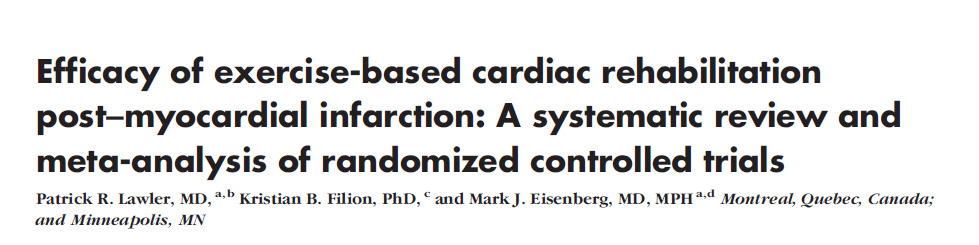 - meta analiza (1982-2008), - 34 randomizowane badania, 6,111 pacjentów, - CR (cardiac rehabilitation) jako prewencja wtórna przed wystąpieniem ponownego MI (myocardial infraction), - wyniki: