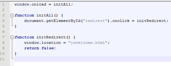 Przekierowanie za pomocą łącza Linia 3-4: Funkcja ta informuje element o identyfikatorze redirect, że po kliknięciu powinna zostać wywołana funkcja