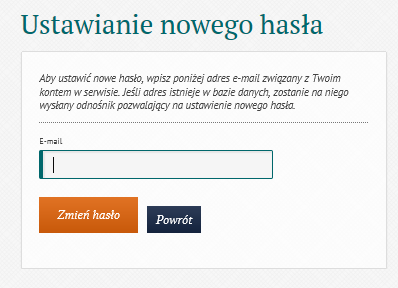 Użytkownik wprowadza swój adres e-mail, który podał do kontaktu podczas logowania w Portalu Informacyjnym i klika Zmień hasło Na skrzynkę poczty elektronicznej, którą użytkownik wskazał podczas