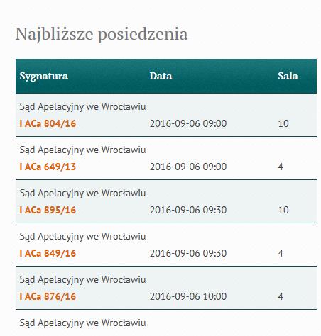 3.3 Okno Ostatnie czynności. Program wyświetla widok w dziesięciu sprawach, w których sąd podjął czynność wraz z wyświetleniem nazwy i daty dokonanej czynności.