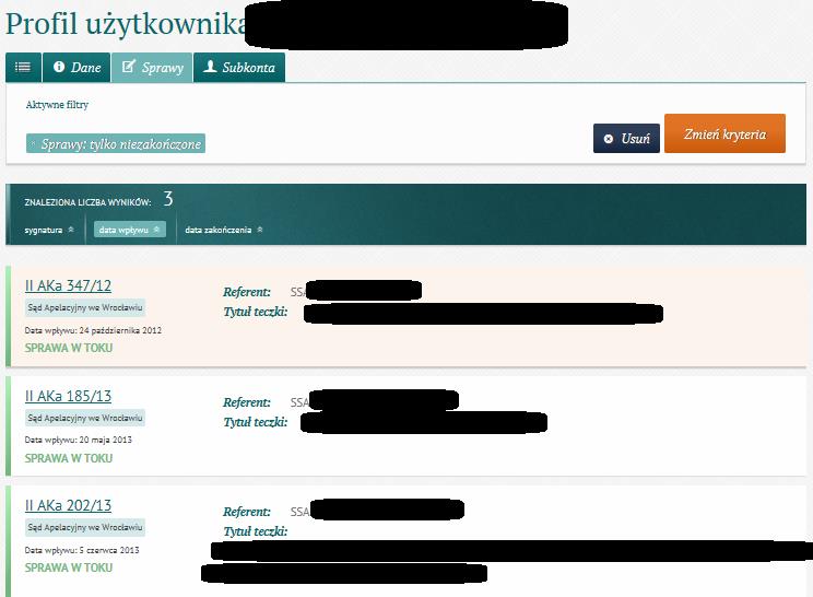 8.2.3 Zakłada Moje Sprawy Program wyświetla wszelkie sprawy udostępnione użytkownikowi. Kliknięcie w jakąkolwiek sygnaturę powoduje przekierowanie do danych zawartych w sprawie (vide pkt 3.