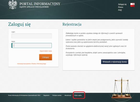 Kliknięcie w przycisk wykaz sądów Portal Informacyjny ujawni listę sądów objętych wdrożeniem Serwisu, a w wykazie sądów publikowana jest