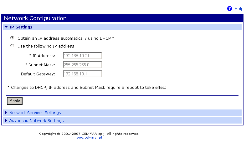 Rys 17. Strona do konfiguracji ustawień sieciowych konwertera ADA-13020