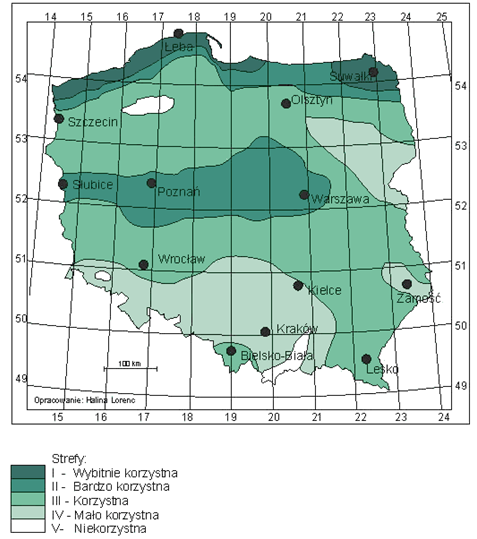 Rysunek 8. Strefy energetyczne wiatru w Polsce Źródło: Instytut Meteorologii i gospodarki wodnej.