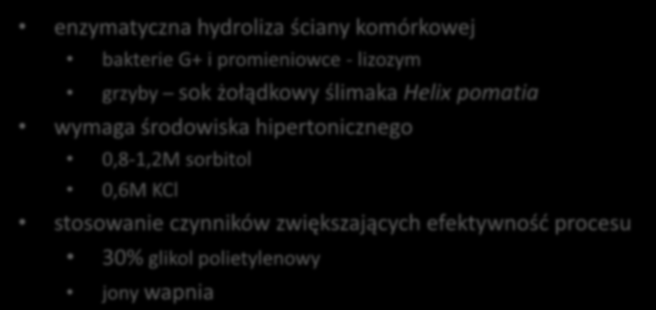 Przygotowanie protoplastów enzymatyczna hydroliza ściany komórkowej bakterie G+ i promieniowce - lizozym grzyby sok żołądkowy ślimaka Helix pomatia