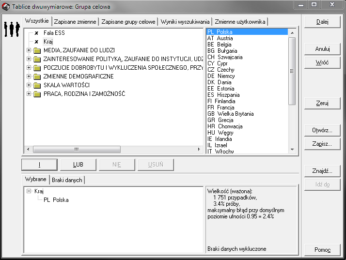 7 1 2 3 4 5 6 Dokładny opis okna patrz strona 8 (Tablice jednowymiarowe: Grupa celowa) W celu przeprowadzenia analiz na danych z Polski na Liście wszystkich zmiennych 1 zaznaczamy zmienną Kraj.