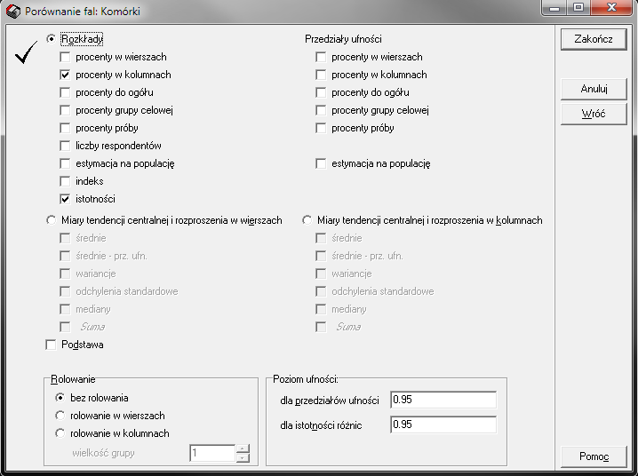 3 1 2 Dokładny opis okna patrz strona 10 (Tablice jednowymiarowe: Komórki) W tym typie raportu domyślnie włączone jest