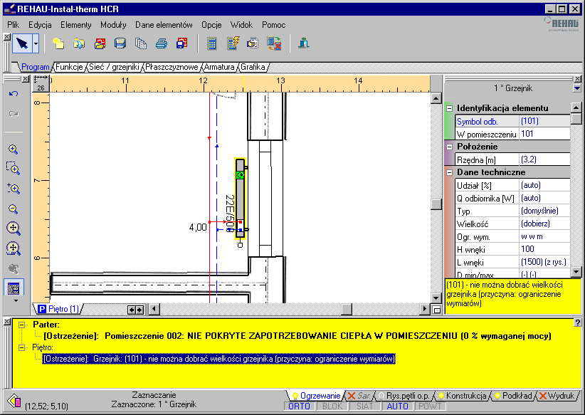 Lekcja 2: REHAU-Instal-therm HCR Dodatkowo, program informuje nas o niemożliwości doboru grzejnika w