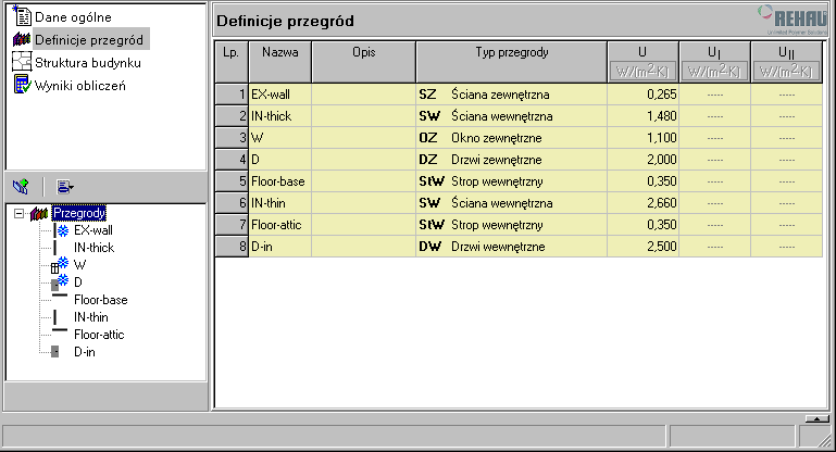 Lekcja 3: REHAU-Instal-therm HCR + REHAU-Instal-OZC 5. Chcąc stworzyć przegrodę bez zdefiniowanych warstw dodajemy definicję przegrody, wpisujemy nazwę i wybieramy typ.