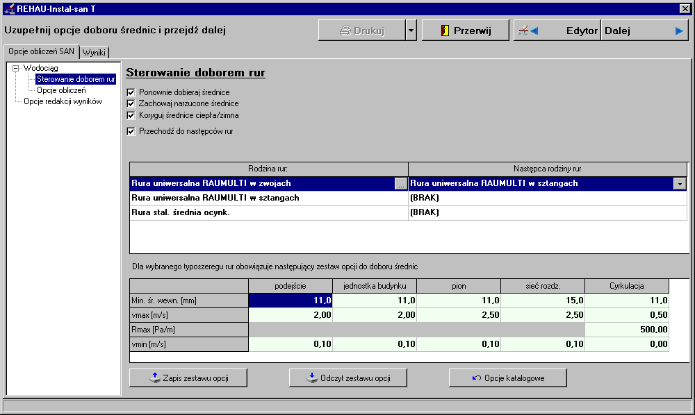 Lekcja 4: REHAU-Instal-san T 2. Z zakładki Program wybieramy ikonę Obliczenia Program wykonuje diagnostykę i otwiera okno z jej wynikami.