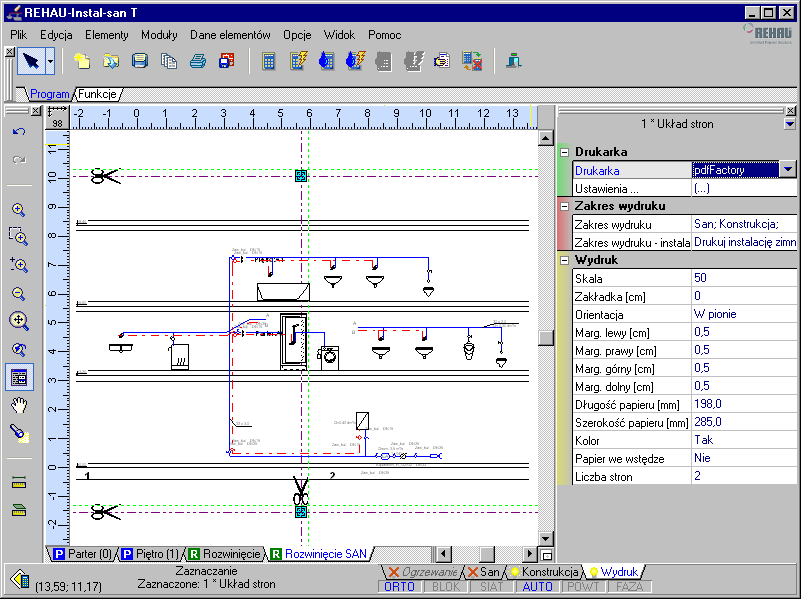 Lekcja 4: REHAU-Instal-san T 5.16. Wydruk rysunku Proces drukowania rysunku przeprowadzamy dla każdego arkusza roboczego z osobna.