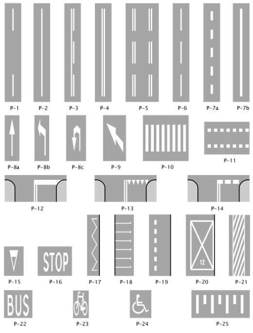 20)P-17 linia przystankowa, 21)P-18 stanowisko postojowe, 22)P-19 linia wyznaczająca pas postojowy, 23)P-20 koperta, z trójkątów, 24)P-21
