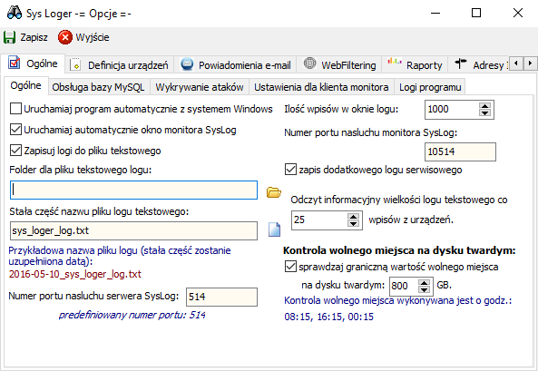 Konfiguracja i uruchomienie Konfigurację programu SysLoger przeprowadza się po wybraniu menu Opcje z monitora sys_loger.