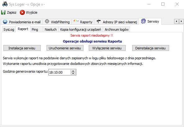 Zakładka serwisy. SysLog serwis odpowiedzialny za odbieranie logów z urządzeń, zapis do plików tesktowych i/lub bazy MySQL oraz przekazanie do monitora. Podstawowy serwis programu.