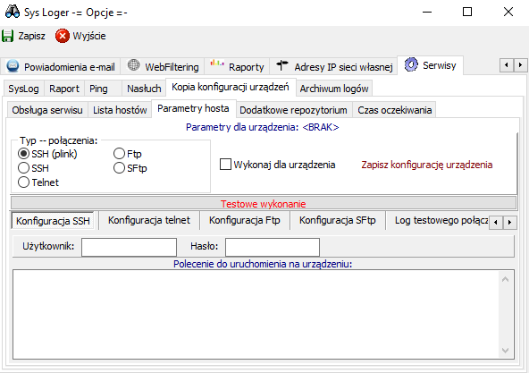 Parametry połączenia oraz polecenie wsadowe ustawiane jest w zakładce Parametry hosta. Ustawia się tam wykonanie na danego hosta.