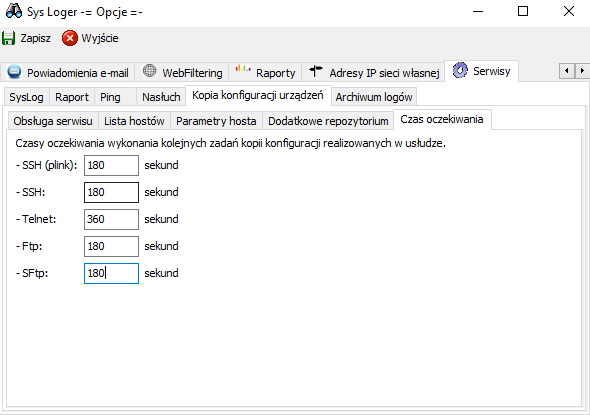 /okno konfiguracji połączenia oraz wykonania kopii do zewnętrznego repozytorium/ Ostatnia zakładka Czas oczekiwania odpowiedzialna jest za ustawienie opóźnienia po zakończeniu wykonania danego