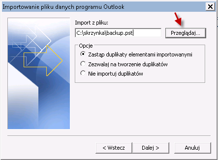 str. 6 W nowym oknie wybierz Import z innego programu lub pliku i kliknij Dalej Wybierz Plik danych programu Outlook (.